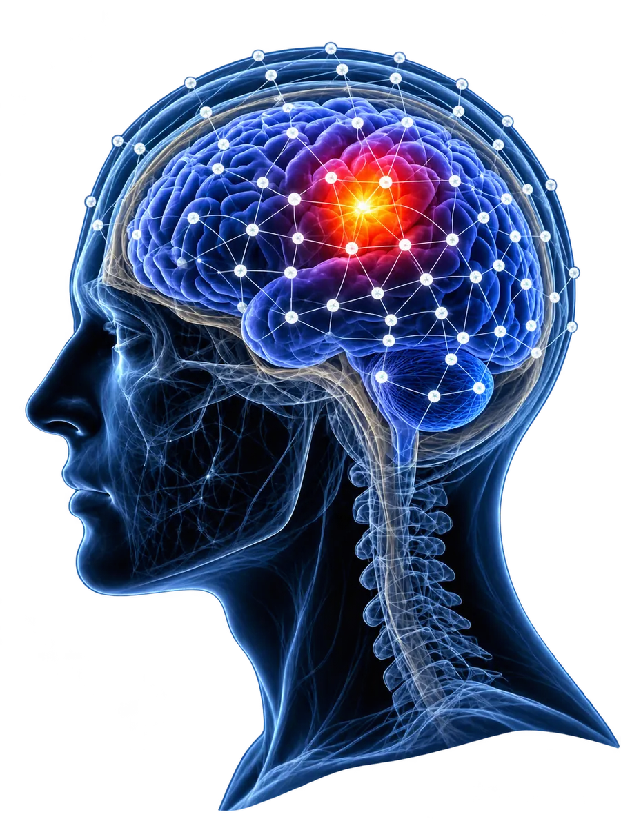Translucent head model with cortical activation and an EEG electrode lattice.