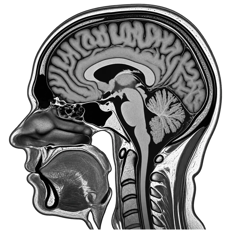 Grayscale sagittal MRI of a human head.